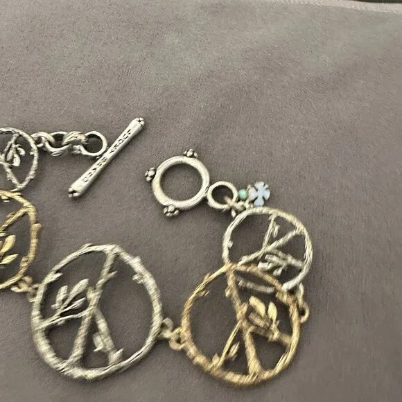 Lucky Brand Peace Symbol Bracelet Toggle Clasp 8" Mixed Metal Twigs & Leaves - Picture 3 of 10